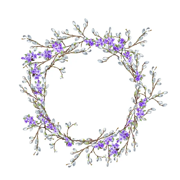 Beautiful Delicate Spring Realistic Circle Frame Willow Lilac Branches Easter — ストック写真