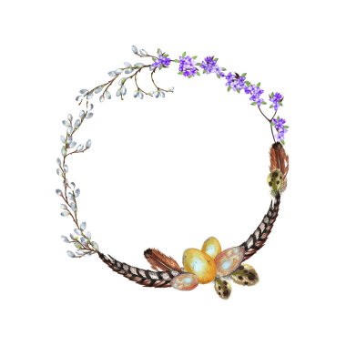 Güzel bir yay yuvarlak çerçeve Gerçekçi yaban kuşları yumurtaları ve tüyleri söğüt ağacı ve leylak dallarıyla kompozisyonda. Paskalya sembolü. Suluboya elle beyaz arkaplana izole elementler çizdi.