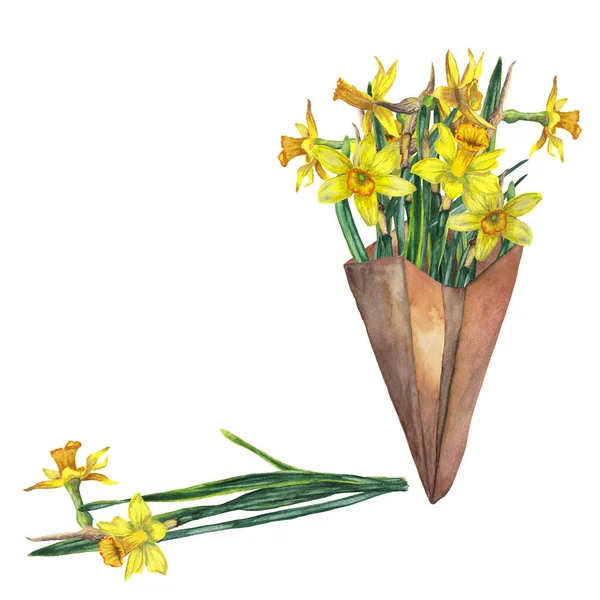 Ramo Flores Frescas Primavera Florecientes Realistas Narcisos Amarillos Paquete Mercado — Foto de Stock