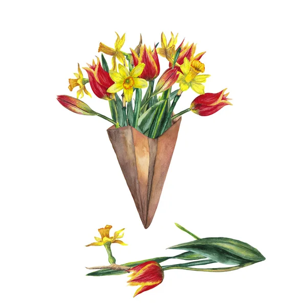 Bukiet Realistycznych Kwitnących Wiosennych Kwiatów Czerwone Tulipany Żółte Narcyzy Opakowaniu — Zdjęcie stockowe