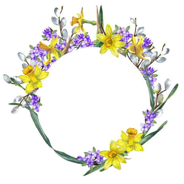 Kwiatowa Okrągła Rama Świeżych Realistycznych Wiosennych Kwiatów Żółte Narcyzy Liliowe — Zdjęcie stockowe