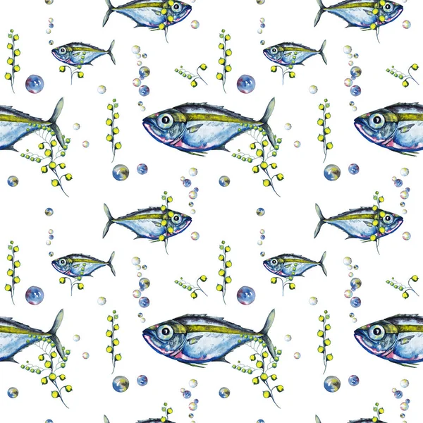 Seamless pattern of big-eyed marine blue-pink fish with yellow-green stripe, seaweed and air bubbles. Watercolor hand painted isolated elements on white background.