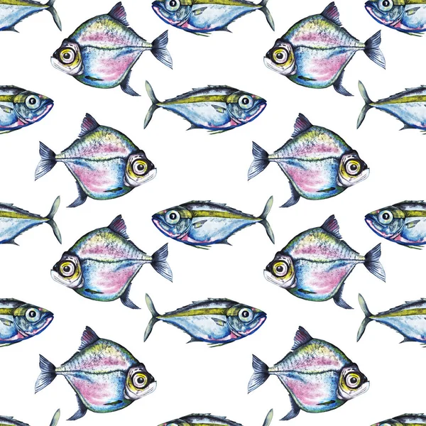 Bezešvé Vzory Různých Mořských Ryb Velkýma Očima Plavající Opačných Stranách — Stock fotografie