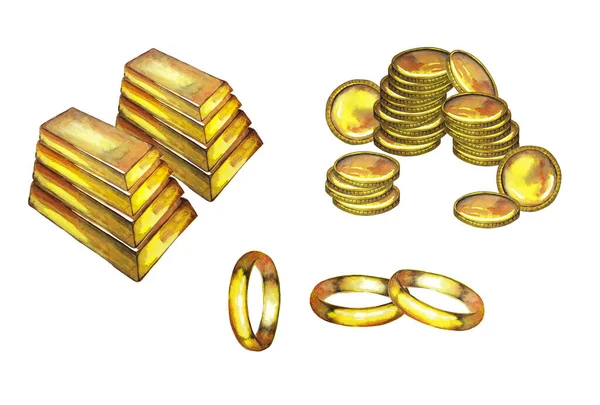 Juego Artículos Metálicos Amarillos Ingots Columnas Monedas Anillos Acuarela Pintada — Foto de Stock