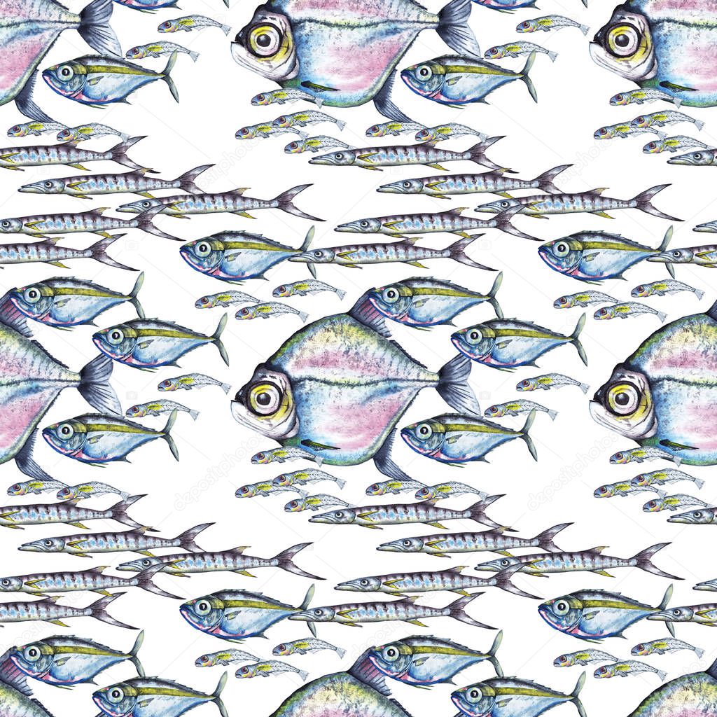 Seamless pattern of different marine  fish, adults and fry, swimming in big fish shoal. Watercolor hand painted isolated elements on white background.
