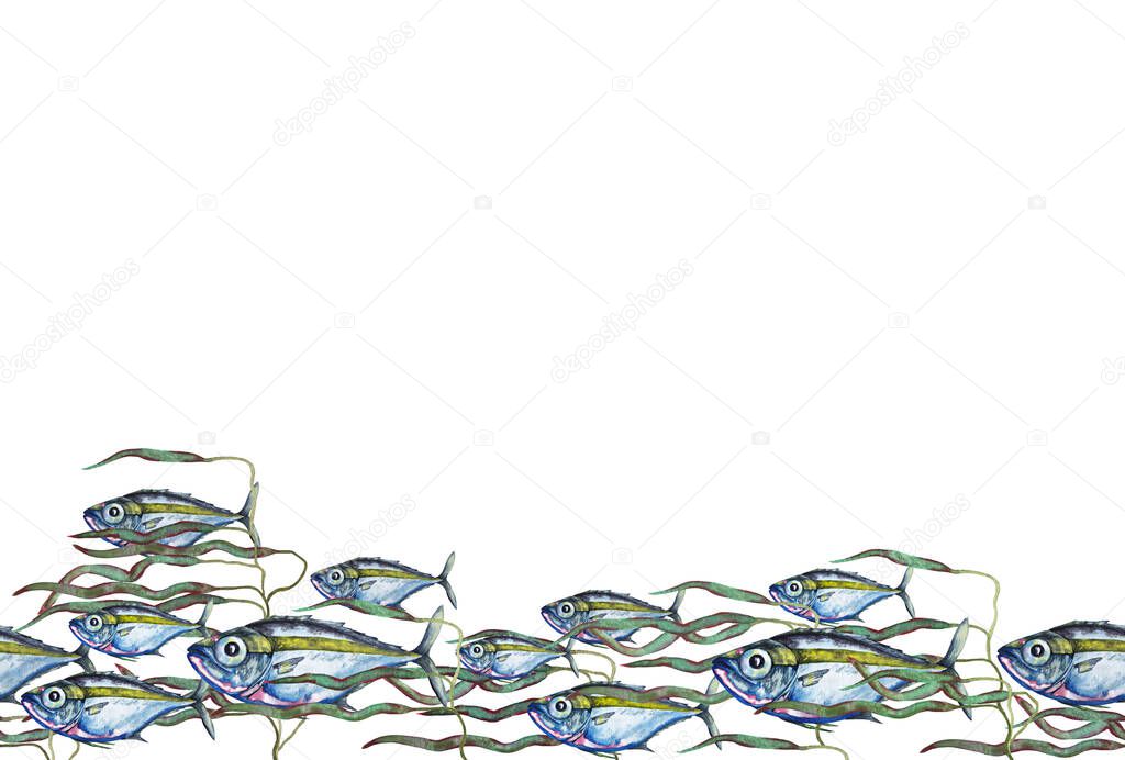 Seamless border of big-eyed blue-pink fish flock in fresh streaming water with kale algae. Watercolor hand painted isolated elements on white background.