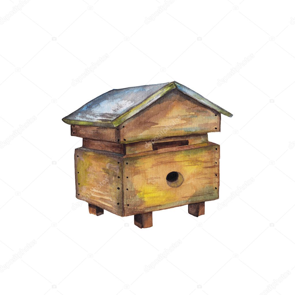 Illustration of colorful realistic wooden bee hive apiary. Beekeeping rustic tool for honey gathering. Watercolor hand painted isolated elements on white background.