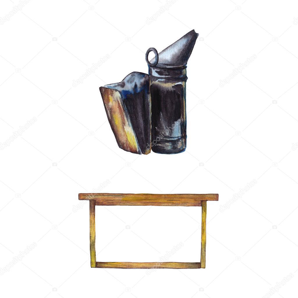 Illustration of colorful frame for honey comb and smoker apiary. Beekeeping tooling. Watercolor hand painted isolated elements on white background.