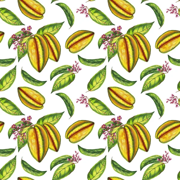 Patrón Sin Costuras Carambola Realista Flores Hojas Coloridas Frutas Enteras — Foto de Stock
