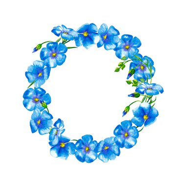 Gerçekçi mavi keten çiçeklerden ve tomurcuklardan oluşan yuvarlak bir çerçeve. Renkli hassas kart. Suluboya elle beyaz arkaplana izole elementler çizdi.
