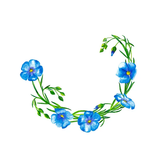 茎や芽を持つ現実的な青い亜麻の花の繊細な半円形のフレーム カラフルな祭りの背景 水彩手は白い背景に孤立した要素を描いた — ストック写真