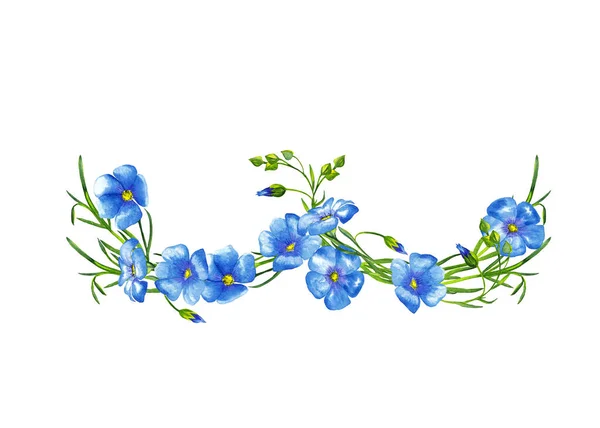 Delikatna Girlanda Realistycznych Niebieskich Kwiatów Lnu Łodygami Pączkami Kolorowe Tło — Zdjęcie stockowe