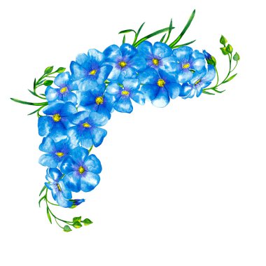 Yeşil saplı ve tomurcuklu gerçekçi mavi keten çiçeklerin zarif buket kenarları. Renkli festival gelin dekoru. Suluboya elle beyaz arkaplana izole elementler çizdi.