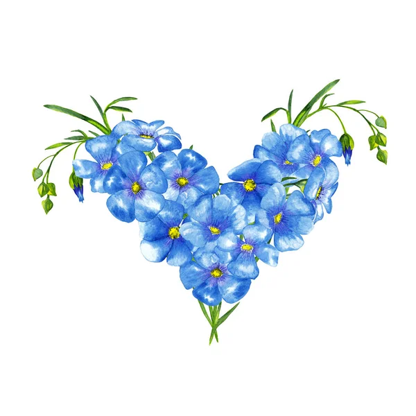 Delikatny Bukiet Formie Serca Realistyczne Niebieskie Kwiaty Lnu Zielonych Łodyg — Zdjęcie stockowe