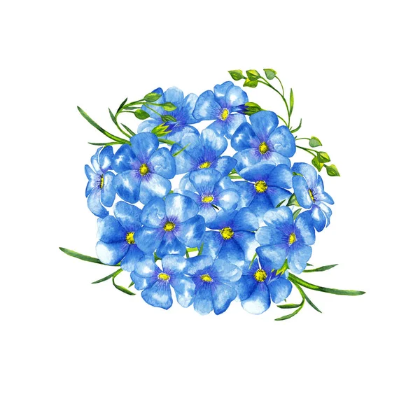 Delikatny Okrągły Bukiet Realistycznych Niebieskich Kwiatów Lnu Zielonych Łodyg Pąków — Zdjęcie stockowe
