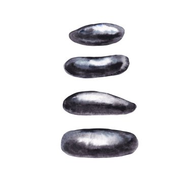 Siyah gerçekçi spa çakıl taşları. Deniz kıyısının düz taşları. Suluboya elle beyaz arkaplana izole elementler çizdi.