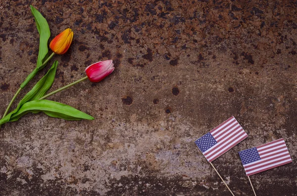 Memorial Day. Copy space on rust background with tulips and american flags. Veterans Day. American holiday.