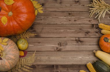 Şükran Günü sonbaharı, ahşap arka planda fotokopi alanı olan sebzelerle dolu. Hasat festivali.