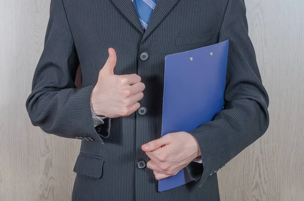 Young Man Black Suit Folder Shows Gesture Everything Fine Business — Stock Photo, Image