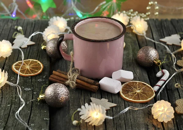 Cup Hot Cocoa Hot Chocolate Marshmallows Cinnamon Sticks Wooden Background — Stock Photo, Image