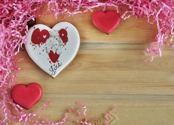 background with gingerbread hearts and copyright. Valentine\'s day, mother\'s Day, or women\'s day. Valentine day concept with copyspace. Valentine\'s day card.