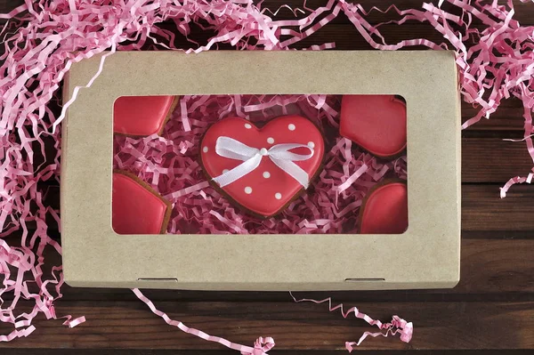 Galletas Esmaltadas Forma Corazón Para Día San Valentín Deliciosas Pastas Imagen de archivo