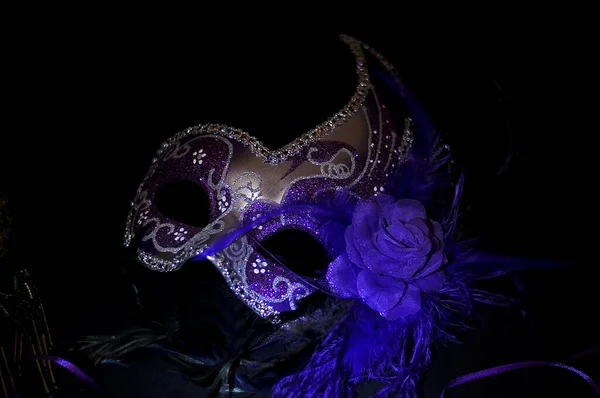 Mardi Gras Carnival Mask Dark Background Space Text Postcard — Stock Photo, Image