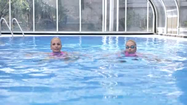 ピンクの水着の二つの双子のブロンドは青い水のプールで泳ぐ — ストック動画
