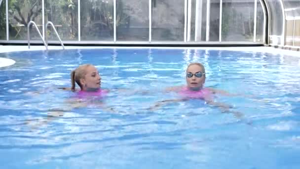 Zwei Zwillingsblondinen Rosa Badeanzügen Schwimmen Einem Pool Aus Blauem Wasser — Stockvideo