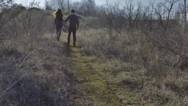 Young Couple Climbs Hill Holding Hands Sunny Spring Day — ストック動画