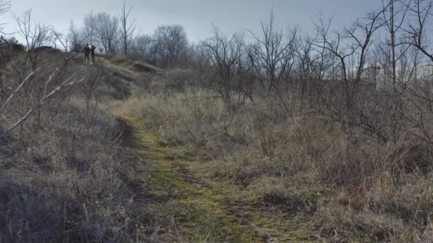 Young Couple Running Hill Holding Hands Sunny Spring Day — 图库视频影像