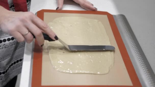 Female Hand Spreads Dough Board Metal Spatula Close — Stock Video