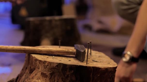 Children Hands Compete Hammering Nails Stump Close — Stock Video