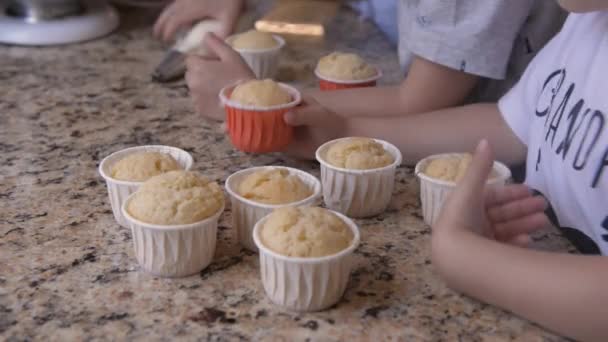 Stone Countertop Several Cupcakes Children Hands Trying Try Them Close — Stock Video