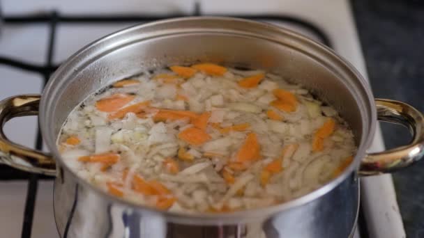 Vegetarische Groentesoep Gekookt Een Metalen Pan Close — Stockvideo