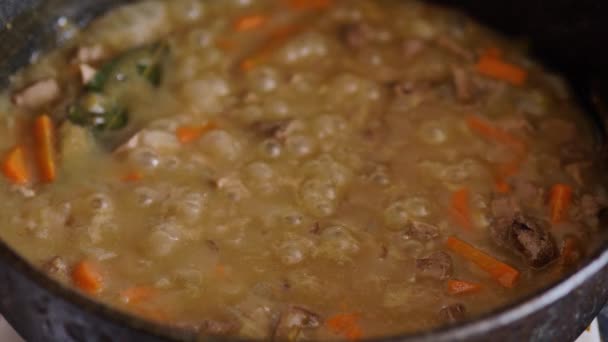 肉和蔬菜的排泄物放在金属锅里 用特写烹调 — 图库视频影像