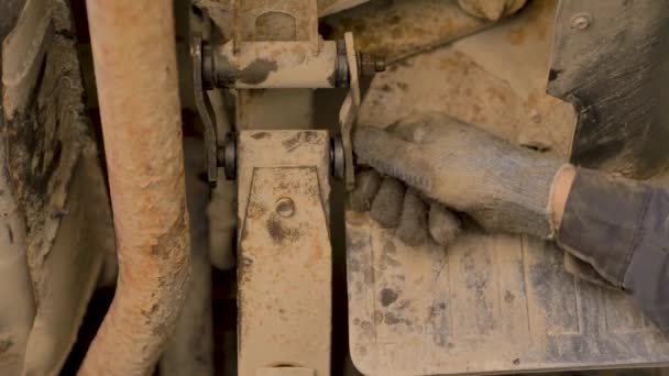 Hands Gloves Work Clothes Repairing Spare Part Car Garage Closeup — Stock Video