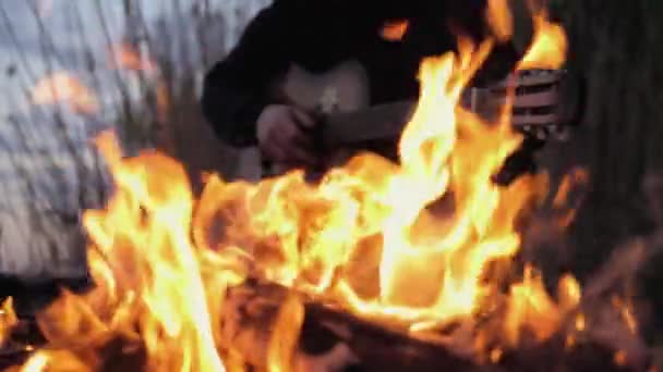 Een Man Speelt Gitaar Voorgrond Staat Een Vuur Zomer Avond Stockvideo