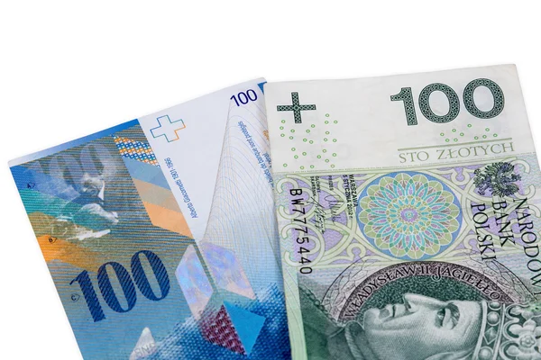 Billetes de 100 PLN y franco suizo — Foto de Stock