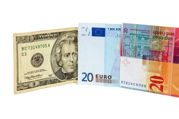 Notas de 20 dólares, euro e franco suíço — Fotografia de Stock
