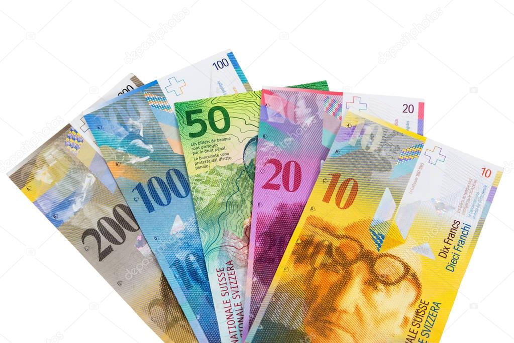Set of swiss franc banknotes on white background — Stock ...