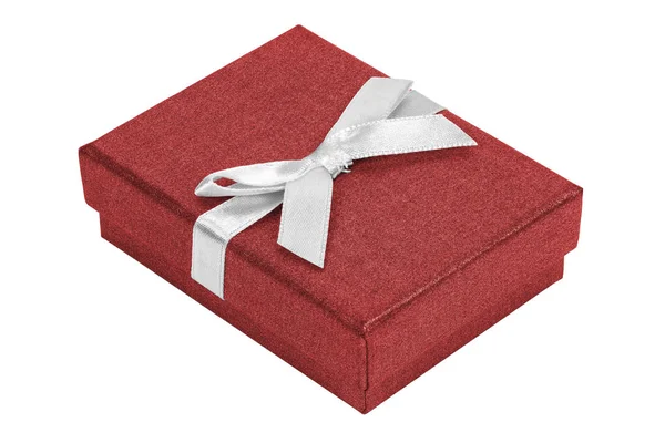 Red decorative present box with white ribbon — Stock Photo, Image