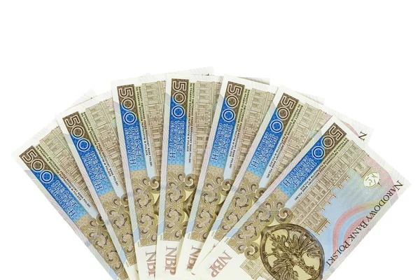 Notas novas de 500 zloty polonês sobre fundo branco — Fotografia de Stock
