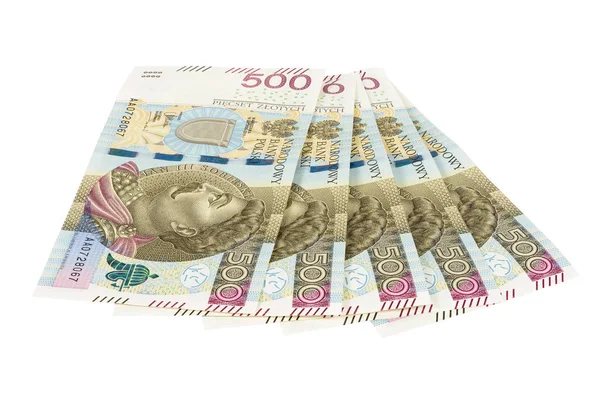 Нові банкноти 500 польських злотих на білому тлі — стокове фото