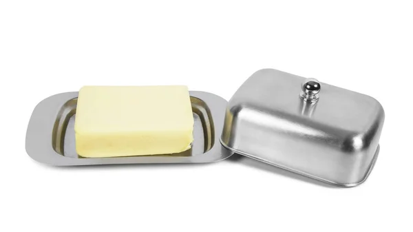 Bit smör i metallåda på vit bakgrund — Stockfoto