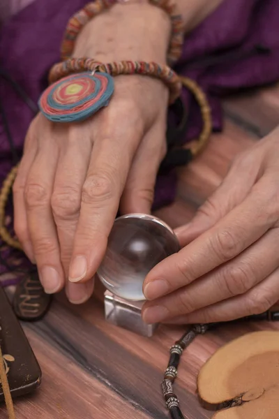 Woman Fortune Teller Holds Ball Fate Her Hands Magic Ball — Stock Photo, Image