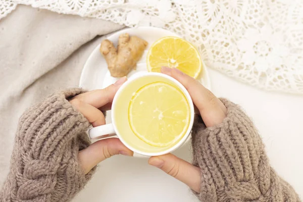 Womans Hands Tea Lemon Ginger White Background Flat Lay Concept — Stock Photo, Image