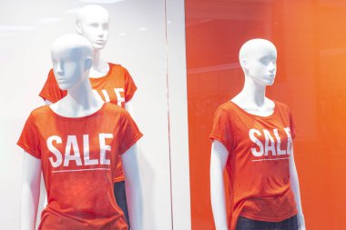 Alışverişe, modaya ve reklamcılığa yönelik bir alışveriş merkezindeki metin satışında günlük giysiler giymiş bir kadın mankenin parçası..