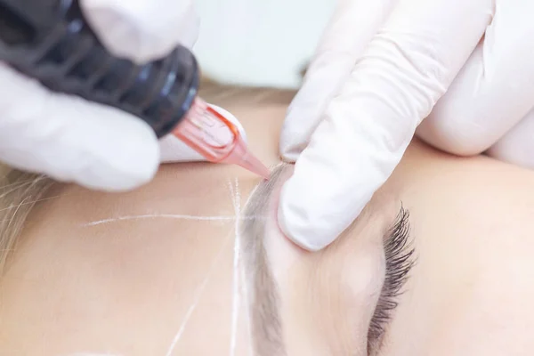 Close Young Woman Undergoing Permanent Eyebrow Makeup Beauty Salon — Stock Photo, Image