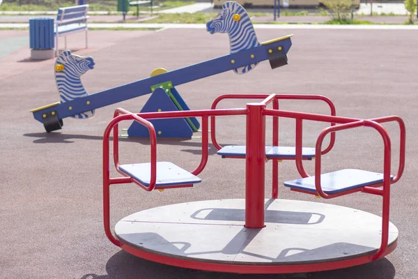 Empty Swings Carousels Playground Quarantine Due Virus Coronavirus All Children — Stock Photo, Image